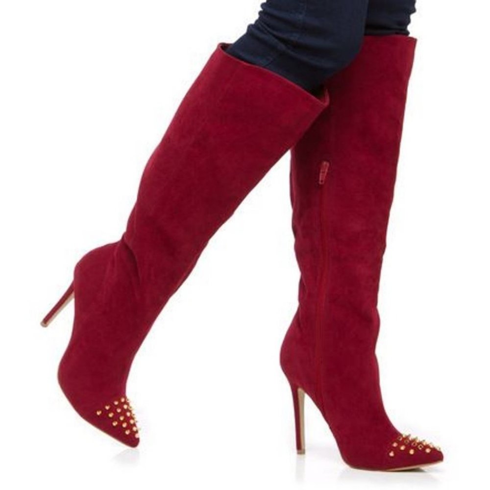 Shoe Dazzle Spike Stud Stiletto Heel Knee High Boots Size 9.5 Burgundy - Picture 3 of 10